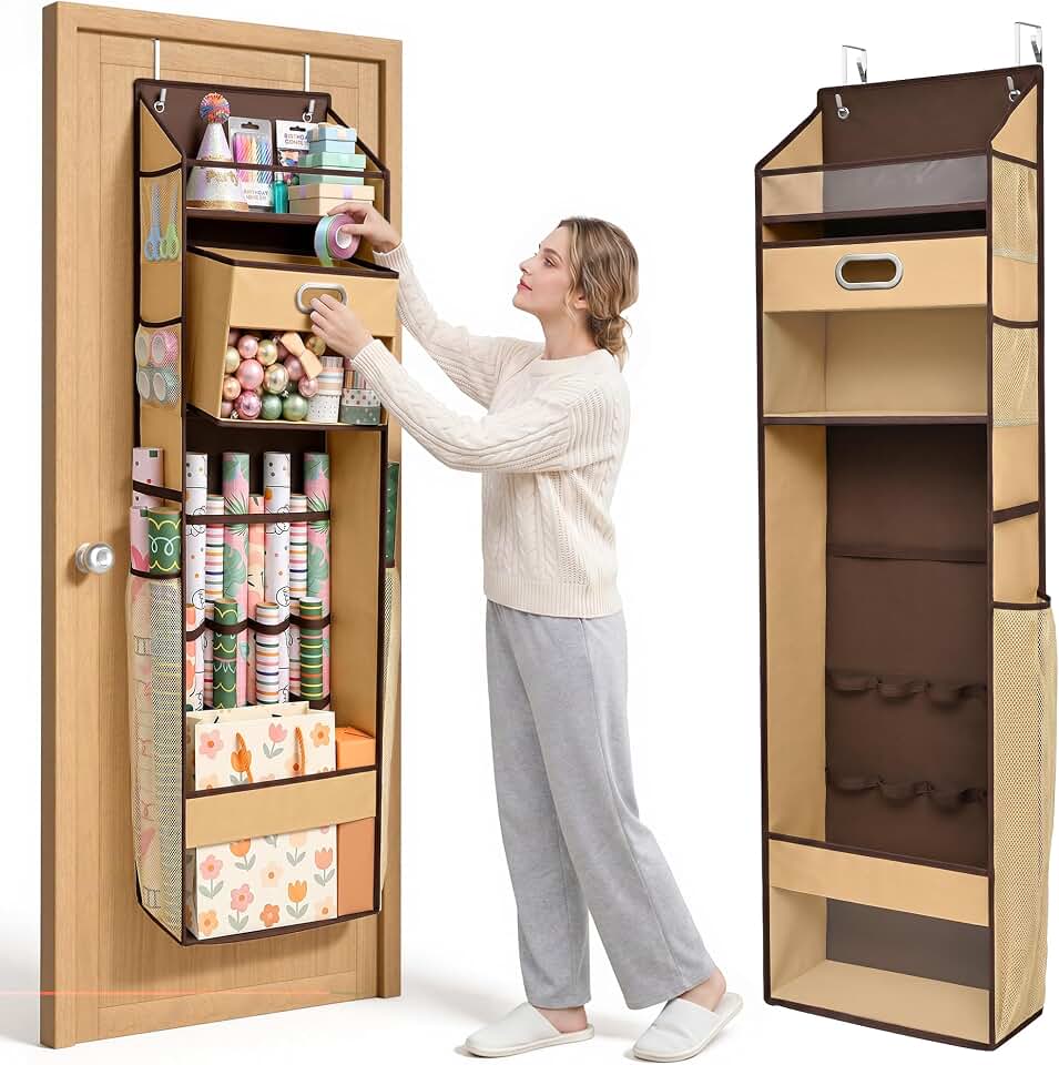 Ordovibe Wrapping Paper Storage Organizer, Over The Door Gift Wrap Holder with Removable Drawer &amp; Side Mesh Pockets – Space Saving Closet Organizer for Christmas, Halloween, Birthday Rolls Supplies Brown