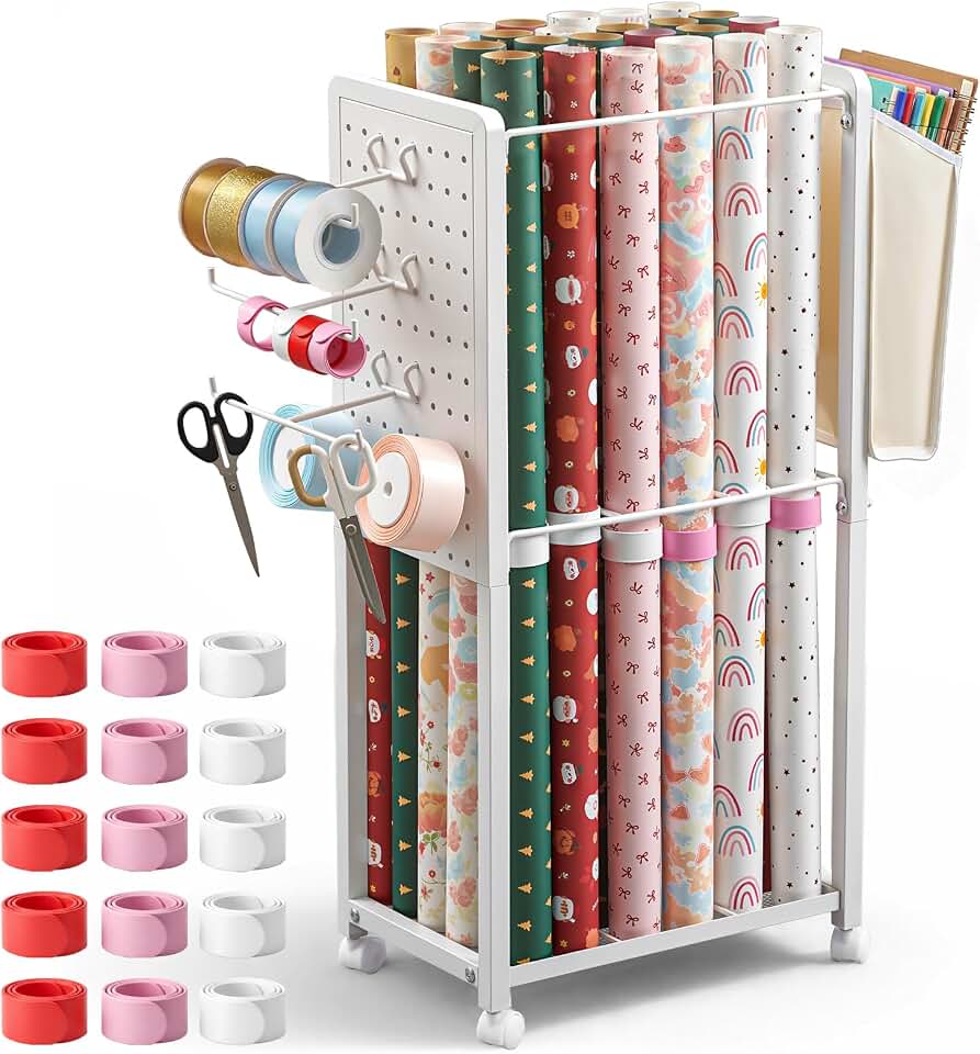 Wrapping Paper Storage Organizer Cart with Lockable Wheels and 15pcs Slap Bands, Rolling Gift Wrapping Paper Cart Station with Fabric Drawer and Ribbon Holder for Blueprint, DIY Craft Supplies