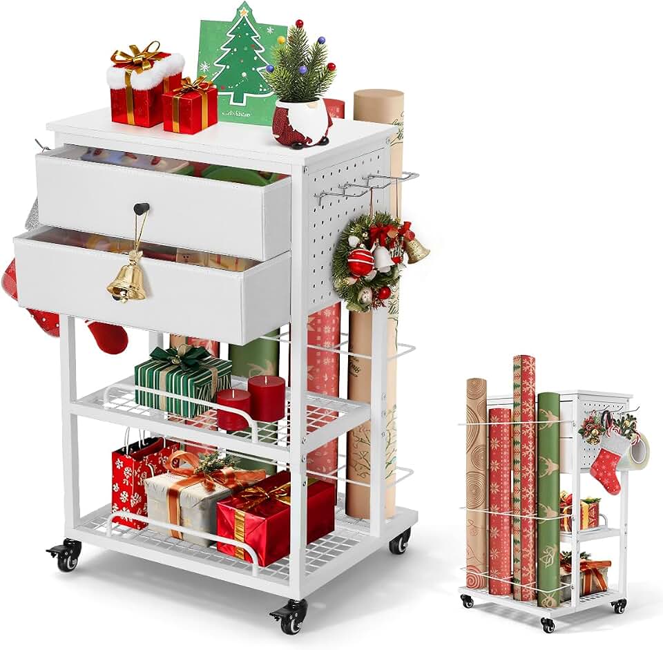 Wrapping Paper Storage Cart with 2 Drawers Craft | Heavy-duty space-saving organizer stores ribbons, gift bags and all your holiday wrapping accessories neatly