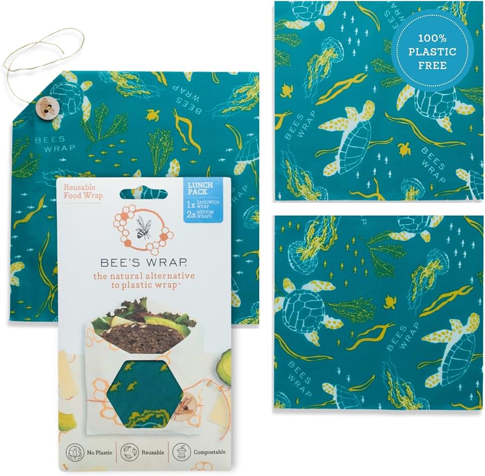 Bee's Wrap Beeswax Food Wraps, 2 Medium &amp; Sandwich Pack - Ocean | Organic Beeswax Wraps - Plastic Free - Reusable Food Storage - Lunches &amp; Leftovers - Made in USA