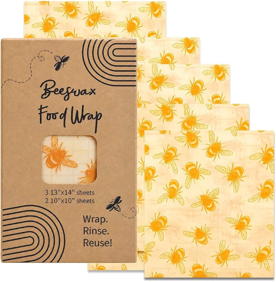Reusable Beeswax Wraps for Food - 5 Sheets, 3 Large 2 Medium | Bees wax paper covers 14x13in and 10x10in, variety pack for sourdough bread, cheese and sandwiches, plastic free