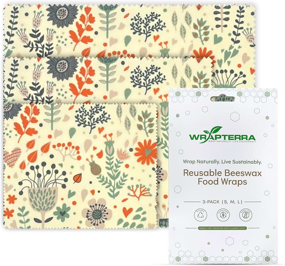Beeswax Wraps for Food - Reusable &amp; Moldable Bees Wax Covers for Bowls, Fruits, Cheese - Natural Food Storage Alternative to Aluminum Foil &amp; Plastic Wrapping - Small, Medium, Large - 3-Pack