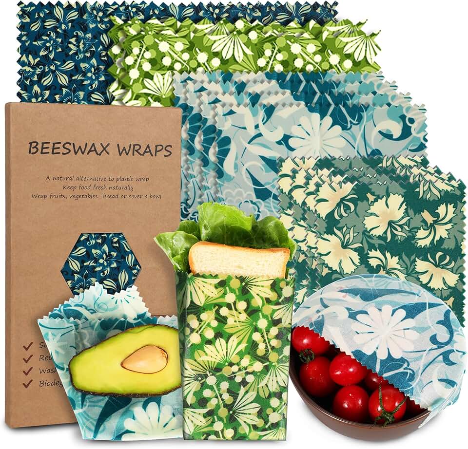 Reusable Beeswax Wrap, 11 Pack Eco-Friendly Beeswax Wraps For Food, Organic, Sustainable, Biodegradable, Zero Waste, Plastic-Free Food Storage (Flowers and Leaves)