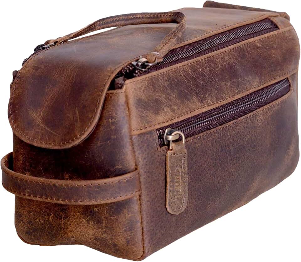 KomalC Buffalo Leather Toiletry Bag for Men &amp; Women, Travel Pouch | Water-resistant lining Grooming organizer Dopp kit Toiletries organizer Travel essentials Gift for men and women