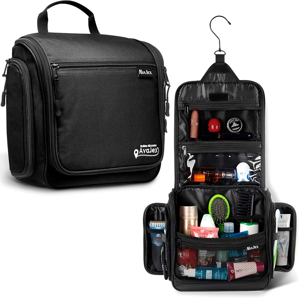 AvaJex Travel Toiletry Bag for Men - Large Dopp Kit (10.6"x10.6"x3.2") - Hanging Waterproof Mens Hygiene Organizer Bag with XXL Metal Swivel Hook, Sturdy Zippers and 19 Compartments for Toiletries