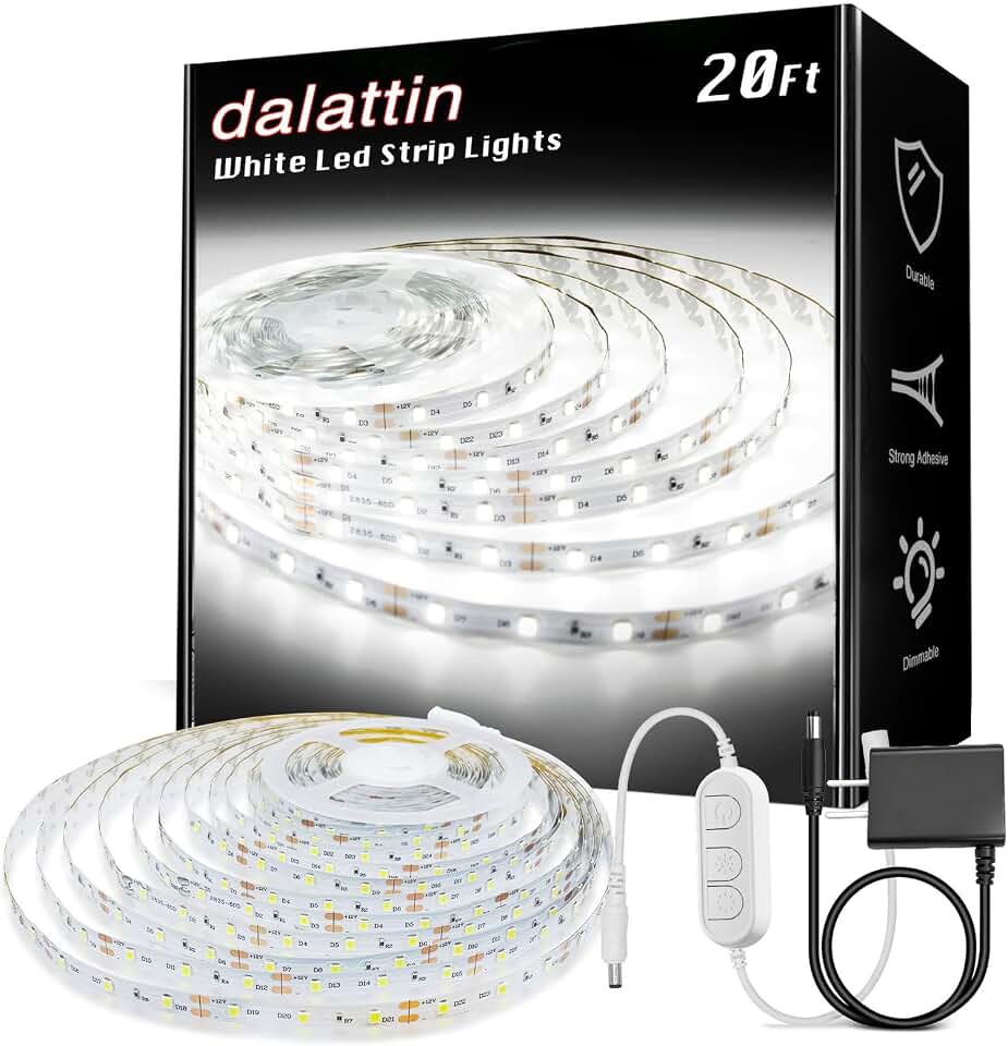 dalattin White LED Strip Lights, 20ft Dimmable Super Bright 24V Led Tape Light 6500K 360 LEDs Lights for Bedrooms, Mirror, Kitchen, Home Decoration Daylight White