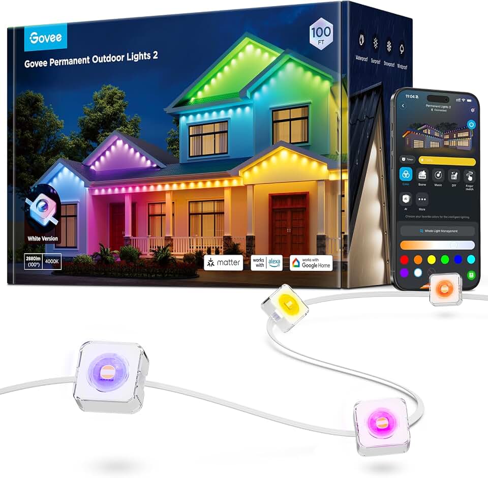 Govee Permanent Outdoor Lights 2, 100ft RGBIC Outdoor Lights with 100 Modes | 16 Million Colors, IP67 Waterproof for Outdoor, Patio, Deck, Backyard &amp; Garden, Works with Alexa, Google Assistant, White ClimatePartner certified