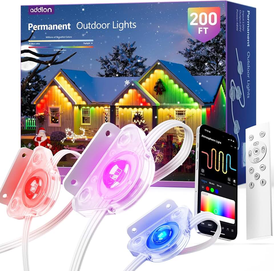 addlon Permanent Outdoor Lights, Smart RGB+IC LED Lights for House Outdoor | App &amp; Remote Control, Scene Modes, IP67 Waterproof for Christmas, Holiday, Valentine's Day Decorations, 200FT