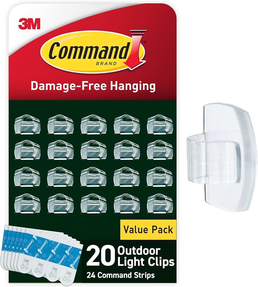 Command Outdoor Light Clips, Clear, 20 Clips, 24 Weather Resistant Strips | Damage-Free Hanging Light Clips with Adhesive Strips, No Tools Mini Wall Hooks for Hanging Decorations in Living Spaces