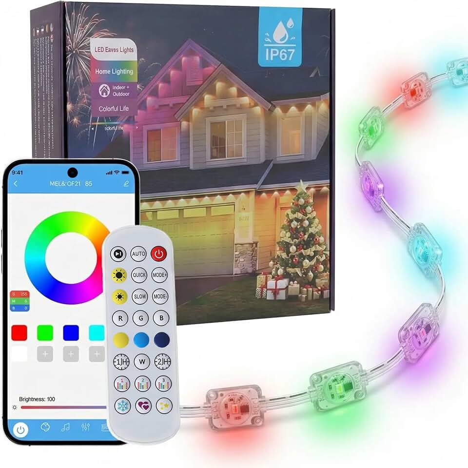 100ft Permanent Outdoor Lights, IP67 Smart RGB+IC Exterior House Light | App &amp; RF remote control, timer &amp; music sync, year-round decor, ETL 24V power adapter, adhesive &amp; screw mount