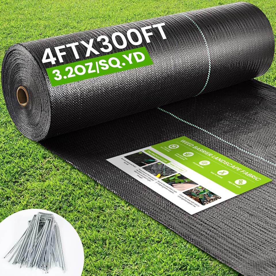 Rintea Weed Barrier Fabric, 4 x 300 ft, 3.2 oz Landscape Fabric | Heavy-duty woven polypropylene with guide lines and 20 U-stakes for gardens, flower beds, landscaping and driveways