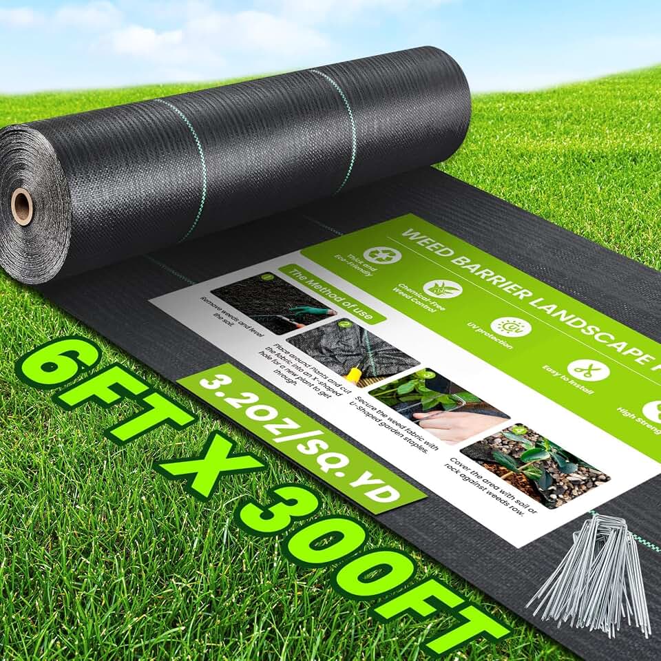 6x300FT Weed Barrier Landscape Fabric Heavy Duty, 3.2oz Woven Weed Fabric | Ground Cover Weed Block Gardening Mat, Weed Control Garden Cloth for Driveway,Road,French Drain,Vegetable Patch