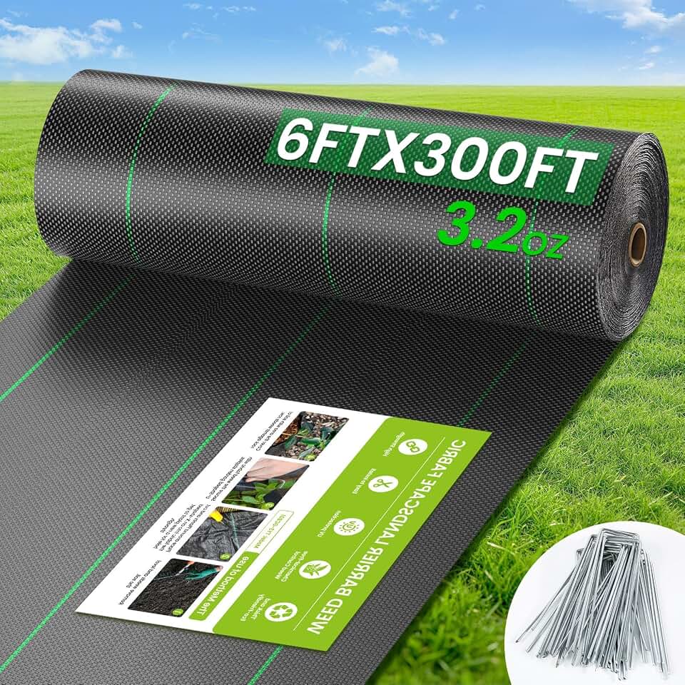6FT x 300FT Weed Barrier Fabric, 3.2oz Landscape Fabric | Premium Weed Barrier Fabric Heavy Duty with 20 U-Shaped Securing Pegs for Greenhouse Floors, Flower Beds, French Drain