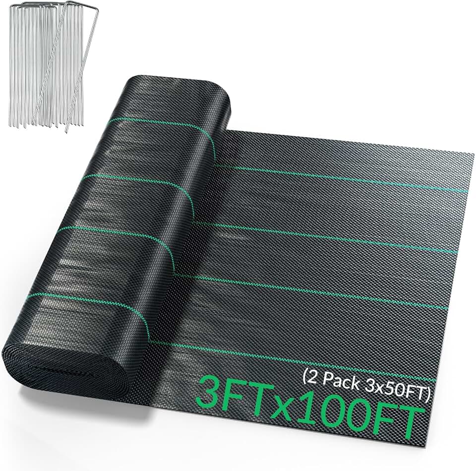Velway 3ftx100ft Weed Barrier Landscape Fabric with 30 U-Shaped Stakes | 3 oz Woven Geotextile Fabric Under Gravel, Weed Blocker Ground Cover for Gardening Farming, Easy Setup, 2 Pack 3x50ft Global Recycled Standard