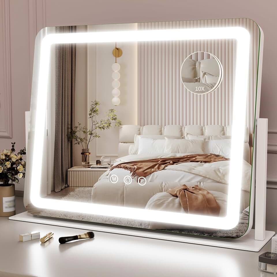 ROLOVE Large Vanity Mirror with Lights, 22"x17" Lighted Makeup Mirror for Desk, 3 Color Dimmable LED Lights, Smart Touch Control &amp; 360° Rotation Tabletop Dresser Mirror (White)