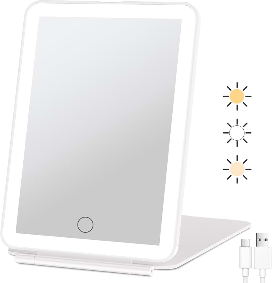 FUNTOUCH Rechargeable Travel Makeup Mirror with 72 Led Lights | Portable Lighted Beauty Mirror, 3 Color Lighting, Dimmable Touch Screen, Tabletop LED Folding Cosmetic Vanity Mirror Global Recycled Standard
