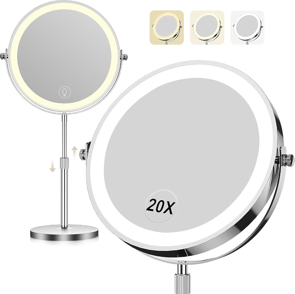 Dienmern Makeup Mirror, 1X/20X Rechargeable Vanity Mirror with Lights | Double-Sided, 5000mAh, 3 Color Dimmable Brightness, Magnification, 360° Rotation, for Dorm, Room Essentials, Women Gift