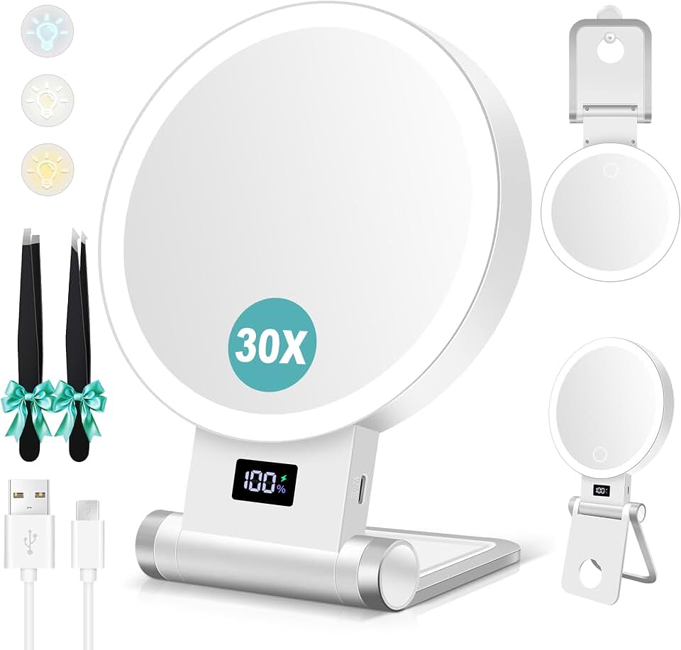 B Beauty Planet Magnifying Mirror with Light 30X, 2000mAh 1X/ 30X Magnifying Makeup Mirror with Standable Base &amp; Tweezers, 3 Color Modes with Adjustable Brightness&amp; Smart Display, Foldable for Travel
