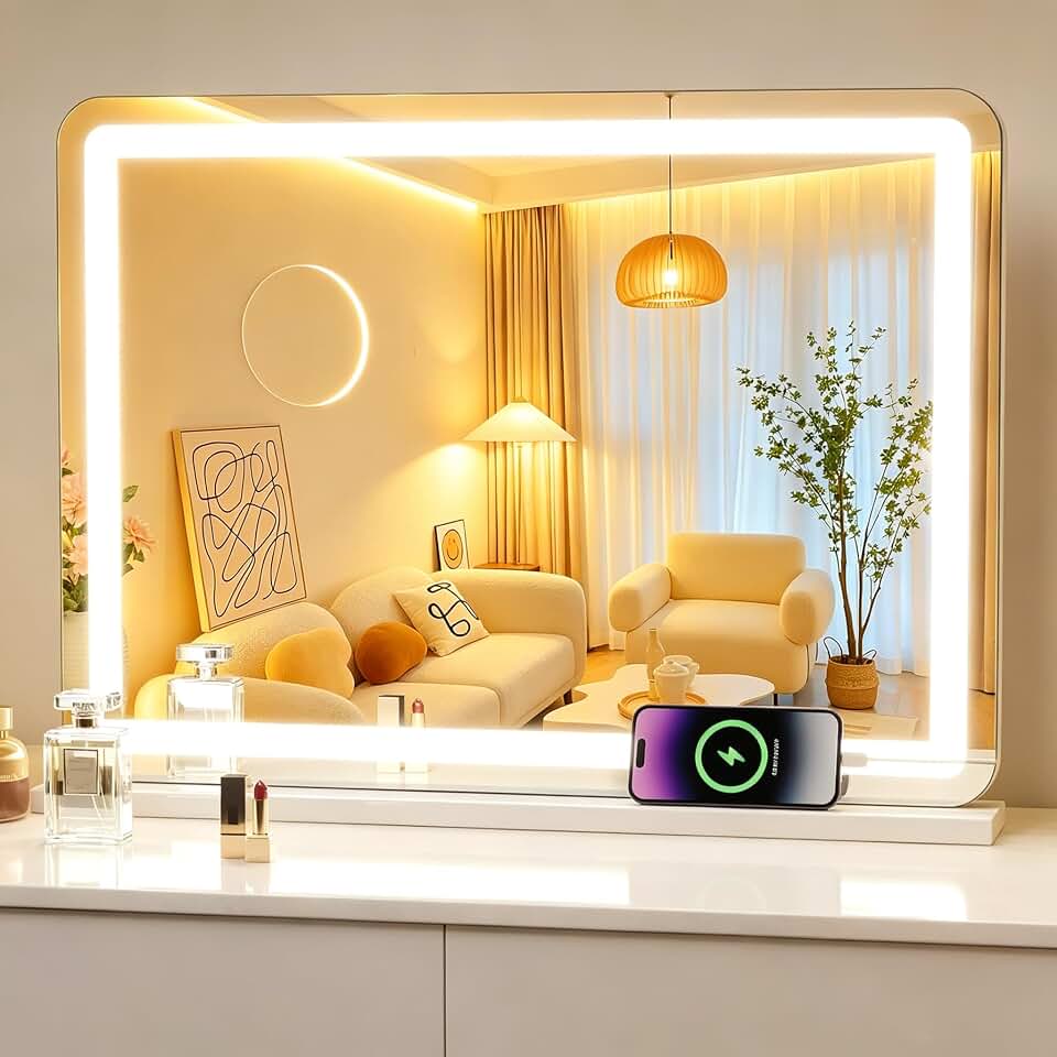 Large Lighted Vanity Mirror, 23" x 18" Light Up Make up Mirror with Smart Touch 3 Colors Dimmable, Tabletop or Wall-Mounted, Memory Function