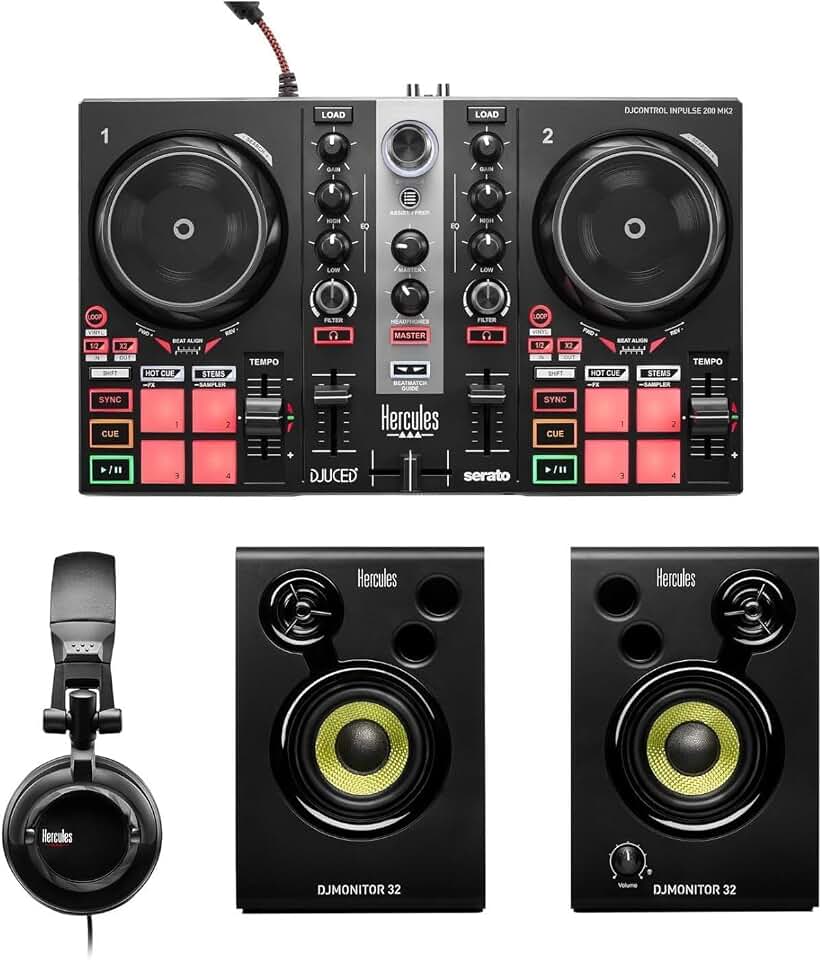 Hercules DJLearning Kit MK II, DJ Controller with Speakers and Headphones, Beginner DJ Set with Jog Wheels, 2 Deck DJ Mixer Controller, Portable DJ Equipment for Beginners, Compatible with PC