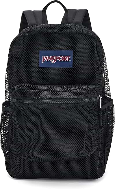 JanSport Eco Mesh Backpack, Red Tape, 17” x 12.5” x 6” - Large Semi-Transparent Bag for Adults with Laptop Sleeve, Padded Back Panel, Black