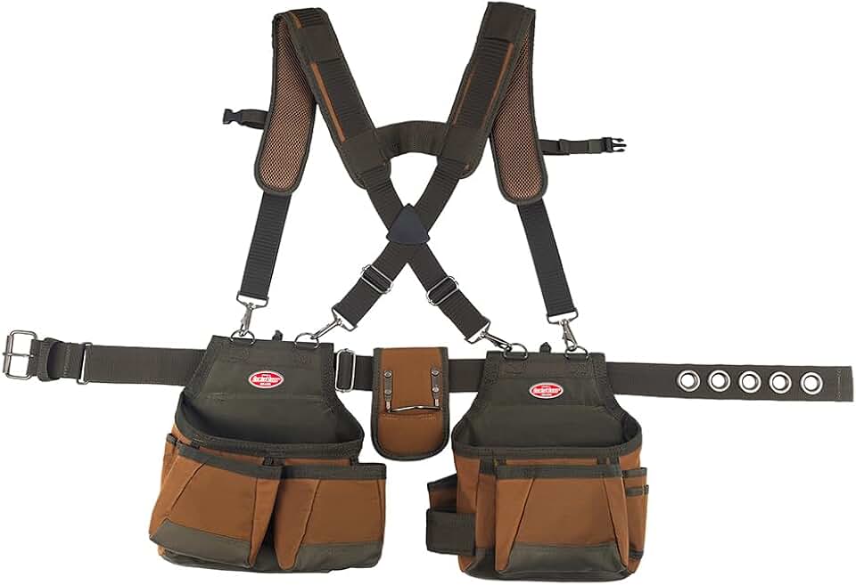 Bucket Boss - AirLift Tool Belt with Suspenders, Tool Belts - Original Series (50100) with 12 pockets, Brown , 52 Inch