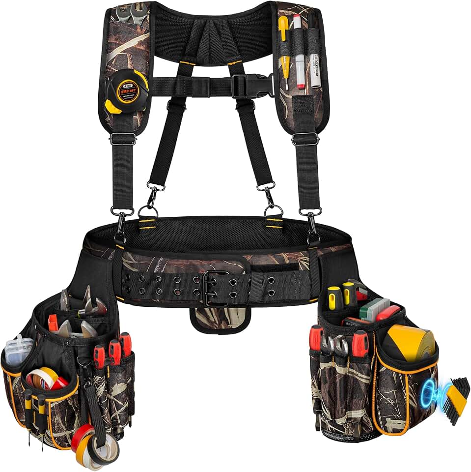 Marscamd Tool Belt with Suspenders &amp; Pouches, Heavy Duty Work Belt, Camo | Adjustable padded tool belt with 31 storage compartments, ergonomic suspenders for carpenters, electricians and builders
