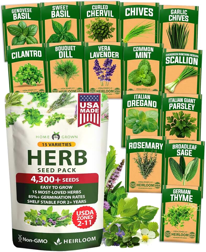 HOME GROWN 15 Herb Seed Variety Kit, 4,300+ Seeds, Culinary Herb Kit | High Germination, Heirloom, Non-GMO | 4,300+ Seeds | Indoor/Outdoor &amp; Hydroponic | Culinary Herbs | Gardening Gift
